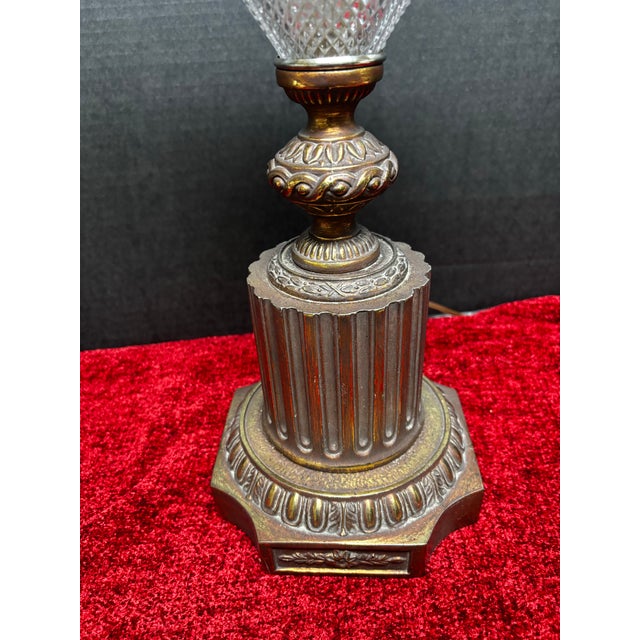 Neoclassical Pair of French Neoclassical Cut Crystal & Patinated Bronze Urn Lamps With Ram/Goat Head Handles For Sale - Image 3 of 12