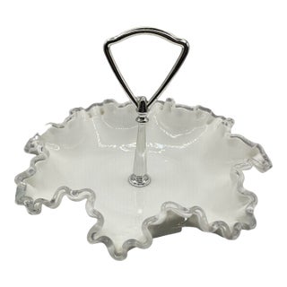 1950’s Fenton Milk Glass Bon Bon Dish With Silver Crest Rim and Metal Handle For Sale