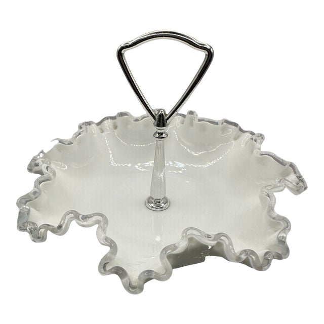 1950’s Fenton Milk Glass Bon Bon Dish With Silver Crest Rim and Metal Handle For Sale