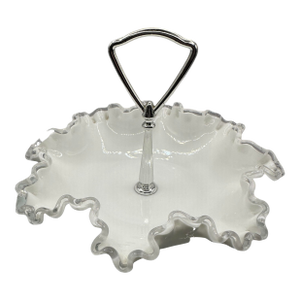 1950’s Fenton Milk Glass Bon Bon Dish With Silver Crest Rim and Metal Handle