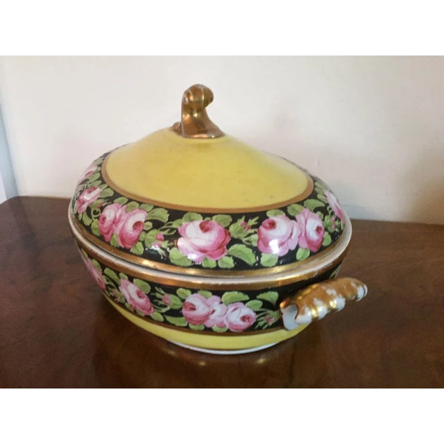 Antique early 19th c. Coalport porcelain vegetable tureen or entree dish. Decorated with bands of pink roses on black...