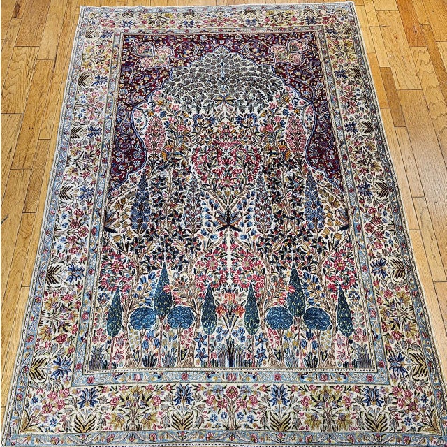 Cream Vintage Persian Kerman Lavar Rug, Hand-Knotted Wool, Tree of Life Pattern, Ivory & Green, 7x10 For Sale - Image 8 of 16