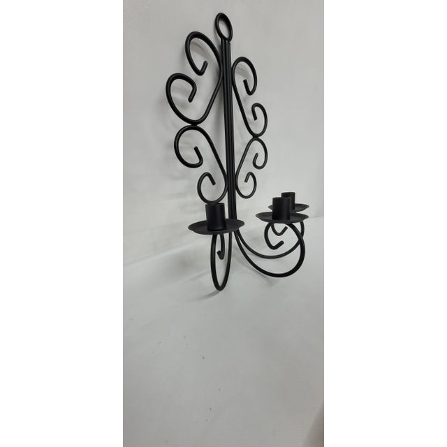 1960s Mid-Century Metal Wall Sconce Wrought Iron Candelabra Gold Glass Globes For Sale - Image 5 of 9