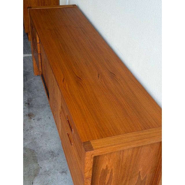 Mid 20th Century Danish Teak Low Credenza - Mid 20th Century Modern Sideboard With Drawers and Sliding Doors For Sale - Image 5 of 10