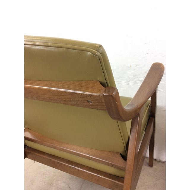Green Pair of Mid Century Modern Green & Gold Vinyl Lounge Chairs With Walnut Frames For Sale - Image 8 of 12