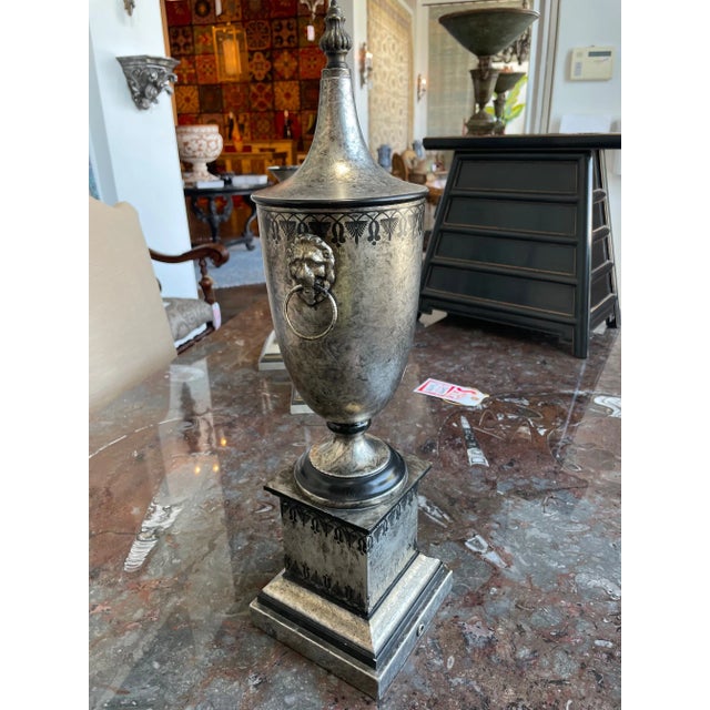 Traditional 1990s Handmade Italian Metal Urn, Silver Lions Head Handles For Sale - Image 3 of 6