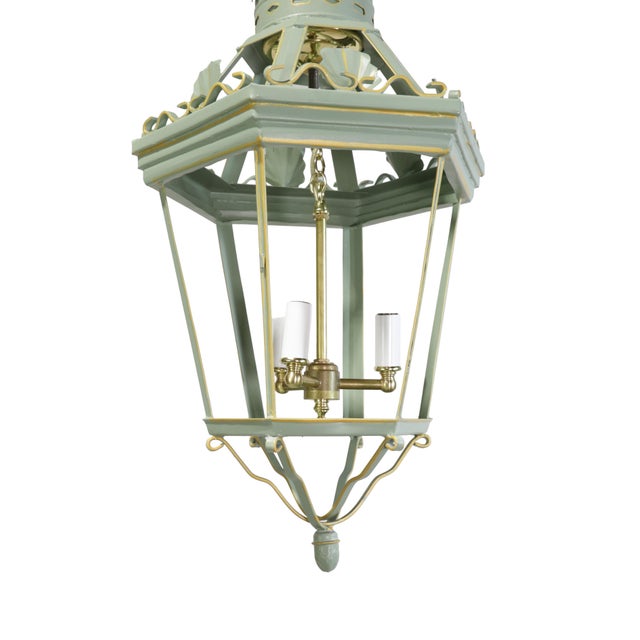 A Vintage “Visual Comfort” Style Iron Celadon Green Chandelier For Sale - Image 4 of 8
