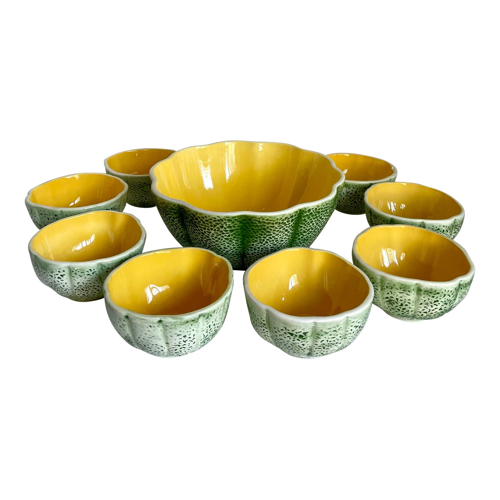 Vintage Majolica Ceramic Cantaloupe Melon Serving Bowls Set of 9 | Chairish - Bamboo Leaf Patterned Korean Ceramic Melon Bowls