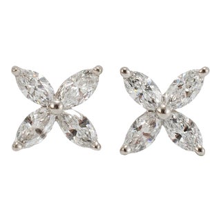 Ladies 950 Platinum 1.25ct Diamond Marquise Floral Flower Stud Earrings, A Pair For Sale