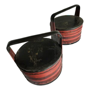 19th Century Pair of Black and Red Lacquer Wedding Baskets