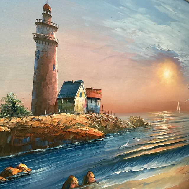 Vintage Seascape Lighthouse Sunset on the Beach Oil Painting on Canvas by M . Gartland For Sale In Chicago - Image 6 of 12