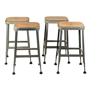 Set of 4 Adjustable Patinated Steel Counter Stools by Lyon Manufacturing, Circa 1940s