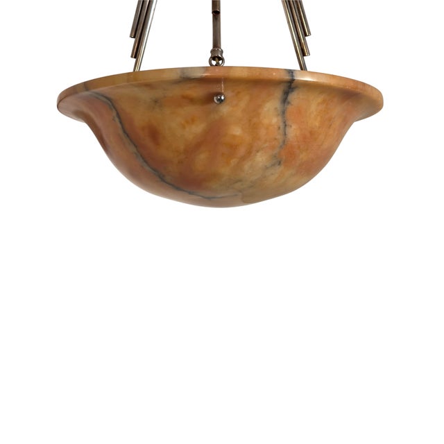 Early 20th Century Honey Amber Hand Carved Original Alabaster Bowl W/ Stepped Nickeled Bronze Stem For Sale - Image 4 of 17
