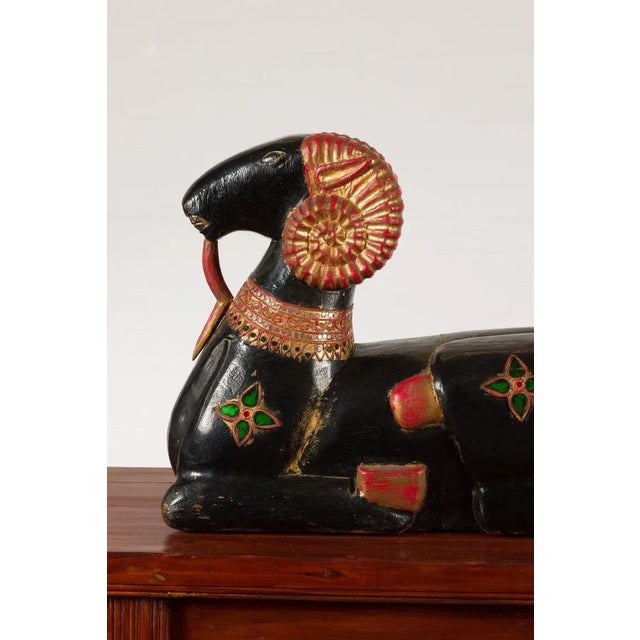 Vintage Northern Thai Double Ram Painted Sculpture with Gilt & Jewelry Motifs For Sale - Image 4 of 13