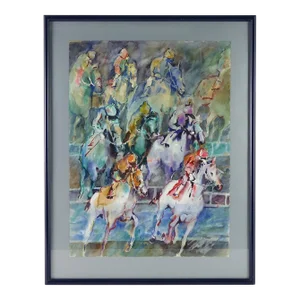 Late 20th Century Horse Jockeys Original Watercolor on Paper Signed by Artist Loes Verspoor