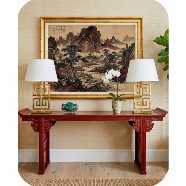 Red Vintage Chinoiserie Regency Style Red Lacquer Altar Console Table With Gold Leaf Cutput Accents For Sale - Image 8 of 11