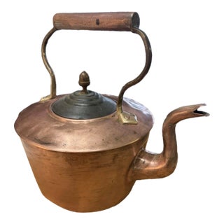 Antique Copper Tea Kettle With Acorn Tipped Lid For Sale