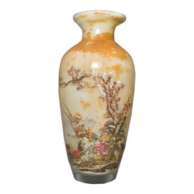 Vintage Liuli Glass Vase With Hand-Painted Bird & Floral Motif and Calligraphy For Sale