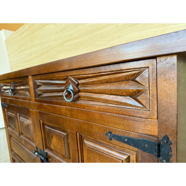 19th Spanish Baroque Carved Walnut Tuscan Three Drawers Credenza or Buffet For Sale - Image 12 of 18