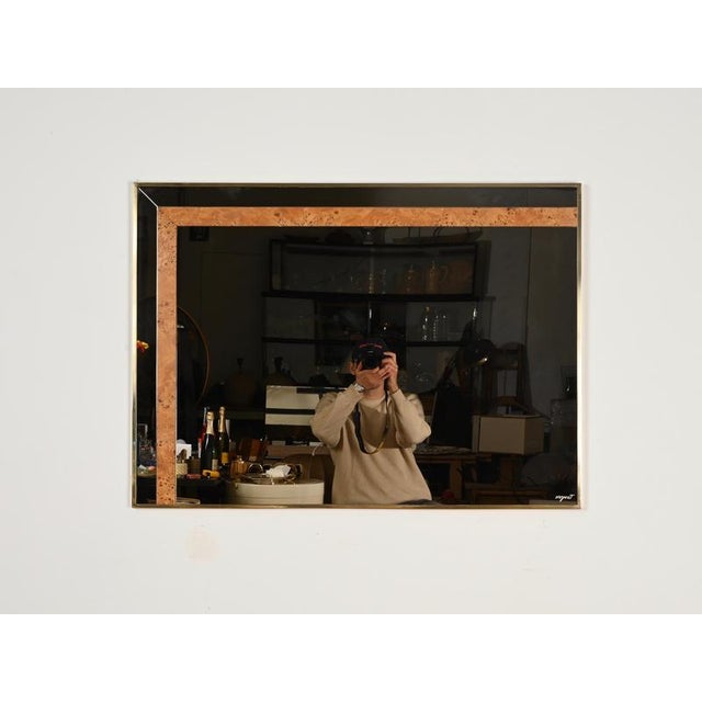 Brown Large Smoked Glass, Poplar Burl and Brass Mirror by Romeo Rega for Nazaret, Italy, 1970s For Sale - Image 8 of 15