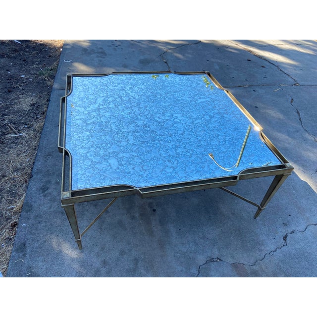Metal Vintage Louis XVI Style Wrought Iron and Antiqued Mirror Glass Top Coffee Table For Sale - Image 7 of 18