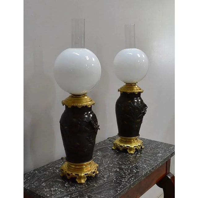 Pair of vases balusters mounted lamps. Drums central Patina Brune feature salient representatives imaginary typical...