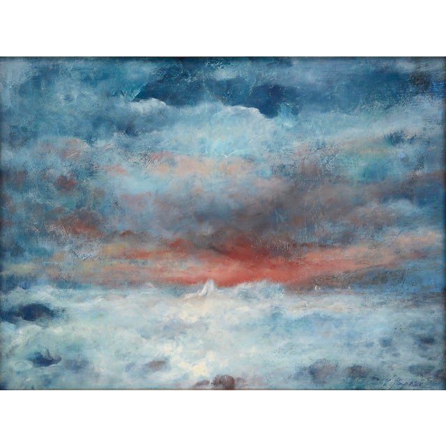 Dynamic seascape featuring a a deep orange sunset glow peaking through dark storm clouds over crashing waves by Vasil...