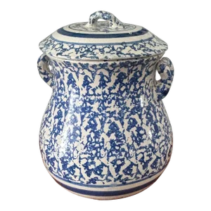 Antique Spongeware Very Large Blue & White Covered Vessel/Crock and Bowl