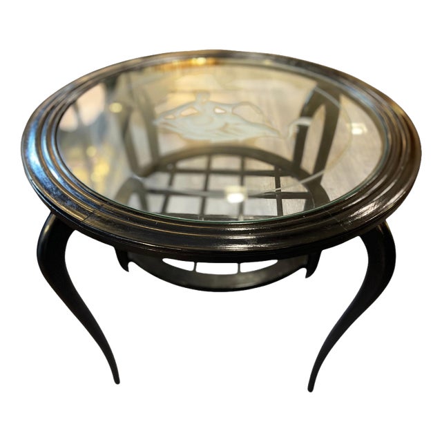 Round Coffee Table in Ebonized Wood and Screen-Printed Glass by Paolo Buffa, 1940 For Sale