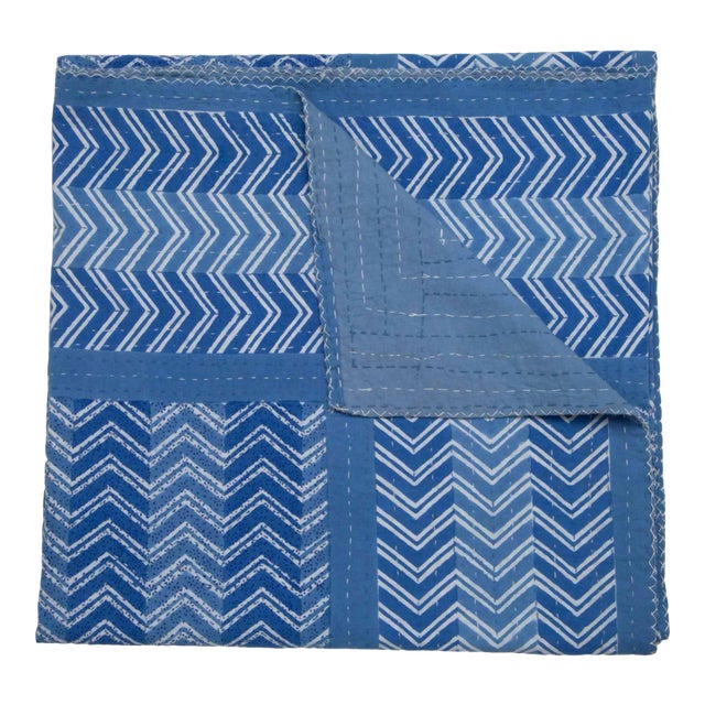 Chevron Hand Stitched Quilt, King - Blue For Sale