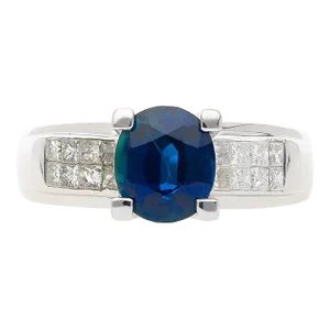 14k White Gold 1.56 Carat Oval Blue Sapphire and Invisible Cluster Diamond Ring Size 6