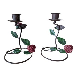 Vintage Tole Rose Candle Holders- a Pair For Sale