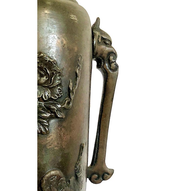 Metal Japanese Meiji Era Patinated Bronze Vase With Peonies and a Child For Sale - Image 7 of 15