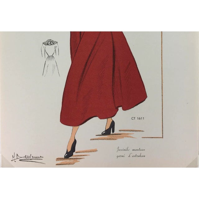Figurative 1940s French Fashion Sketch of Red Astrakhan Trim Coat For Sale - Image 3 of 4