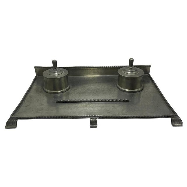 Swedish Art Deco Hammered Pewter Double Inkwell attributed to C. G. Hallberg, 1931 For Sale - Image 6 of 6
