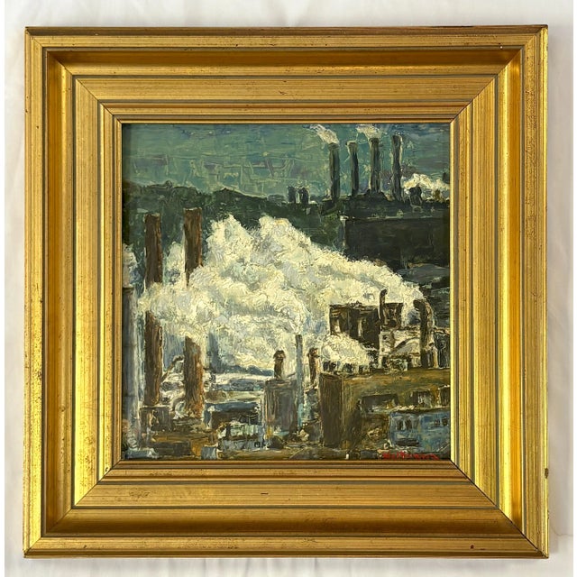 Cool industrial cityscape painting circa 1976. The painting is done on hardboard and executed with thick quick somewhat...