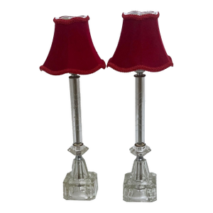 1940s Crystal Lamps With Burgundy Silk Shades a Pair