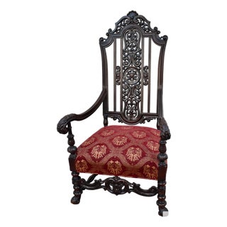 Vintage Carved Throne Chair High Back Renaissance Revival Armchair For Sale