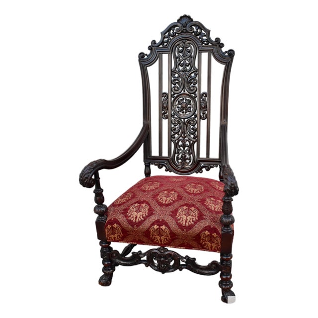 Vintage Carved Throne Chair High Back Renaissance Revival Armchair For Sale