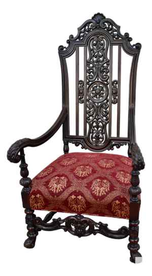 Vintage Carved Throne Chair High Back Renaissance Revival Armchair