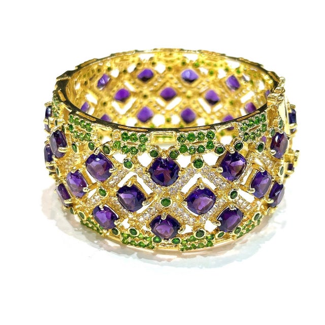 Bochic “Capri” Vintage Amethyst & Multi Color Gem & Cuff Set In 18K Gold & Silver Natural Green Garant - 6 Carats Natural...