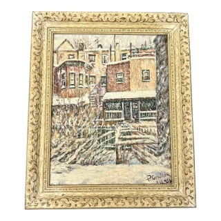 1950’s Original Impressionist Snowy Cityscape Painting For Sale