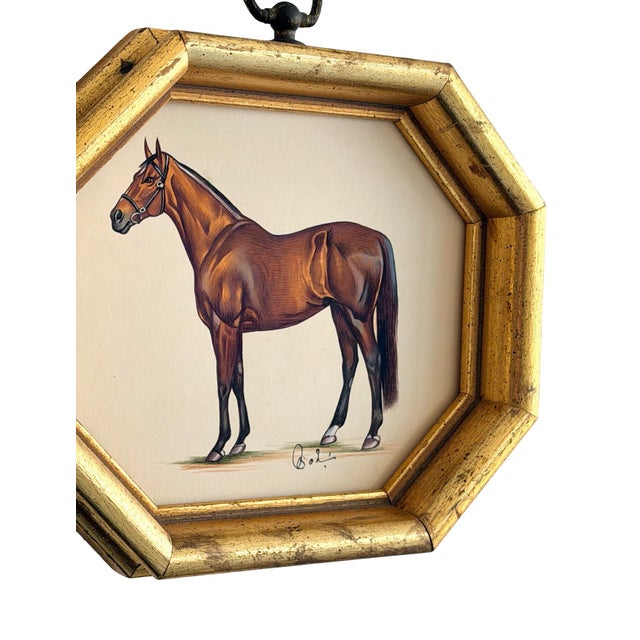 Original Hand-Painted Horse Painting Framed in a Vintage Octagonal Frame For Sale - Image 4 of 4