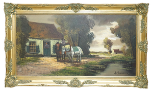 H. Verbeelk, Rural Scene with Horse, Large Oil Painting, Framed