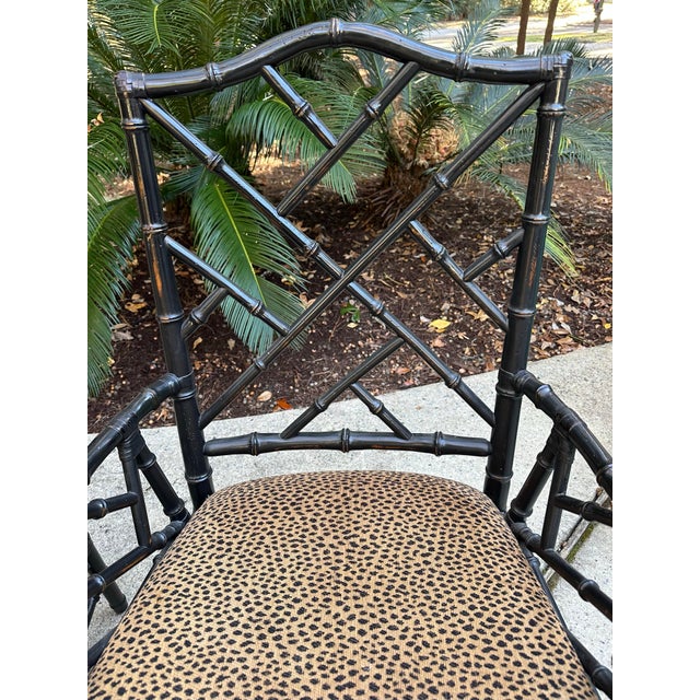 Faux Bamboo Chinese Chippendale Style Dining Chairs – Set of 6 Including 2 Armchairs, 4 Side Chairs, Leopard Upholstery For Sale In Savannah - Image 6 of 12