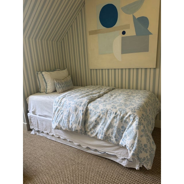 Contemporary Set of 2 Ballard Designs Emma Scalloped Bed Skirts in White/Cornflower Trim For Sale - Image 3 of 8