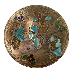 Vintage Small Round Silver Enamel Beauty Box With Etched Butterfly & Botanical Pattern