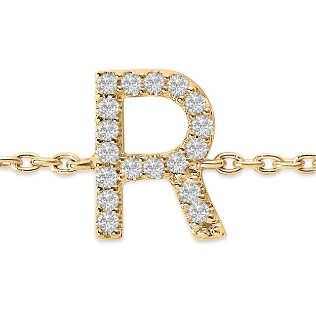 Contemporary 10K Yellow Gold Diamond Accent "R" Initial Charm and Link Bracelet For Sale - Image 3 of 6