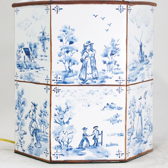 White A Pair of Vintage Hand-Painted Blue and White Imitation Dutch Tile Landscape Tea Can Table Lamps For Sale - Image 8 of 14