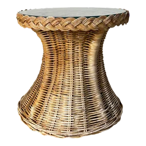 Vintage Wicker Works Braided Rattan Round Side Table W/ Glass Top